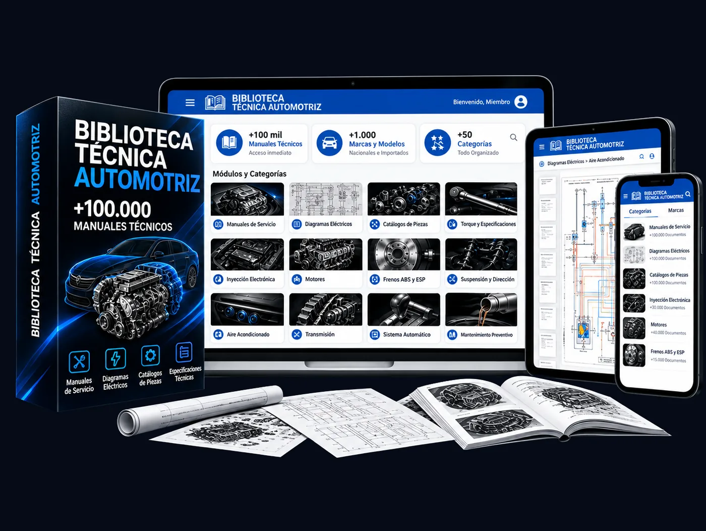 Biblioteca Técnica Automotriz — pack, laptop, tablet y celular